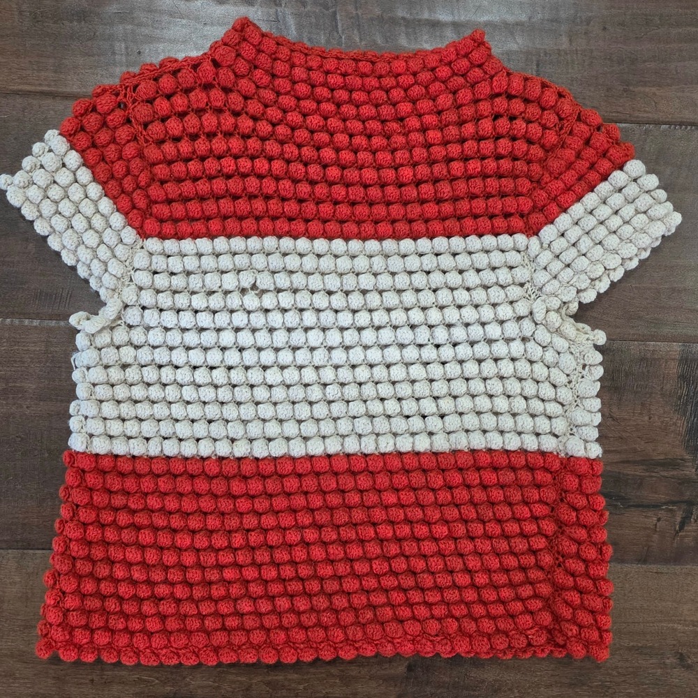 VTG Retro 70s Handmade Crochet Popcorn Stitch Sweater Colorblock Short Sleeve